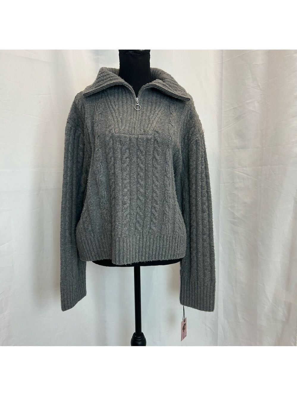 Sincerely Jules gray soft cable knit Quarter Zip high neck sweater XL NWT